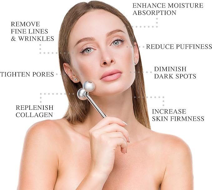 Facial Roller Massager, Cooling Metal to Contour and Reduce Puffiness, Face Lift, Anti-Aging, Skin Tightening & Botox Alternative, Reduce Wrinkles -Gua Sha Not Your Typical Jade Roller Massager