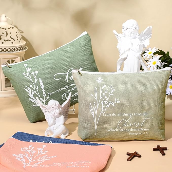 10Pcs Christian Gifts for Women Religious Cosmetic Bags Inspirational Bible Verse Pencil Pouch Canvas Makeup Bags Bulk with Zipper for Mother Sister Church Favors