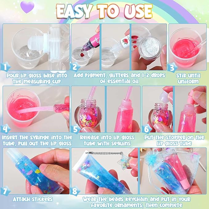 Jcoos Lip Gloss Making Kit - 73PCS Keychain DIY Lip Gloss, Shimmery Moisturizing Lip Glaze Handmade Set, Fun Craft Kit for Beginner, Women, Kids, Tween, Preteen, Teens Girl Gifts Trendy Stuff