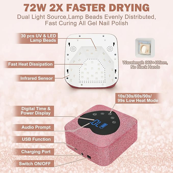UV LED Nail Lamp Rechargeable 72W Cordless Portable UV Light for Gel Nails Polish,Rhinestones Nail Dryer Light with Glove,Auto Sensor,5 Timer,30 Beads,Fast Curing Gel X Polish Lamp for Home Salon