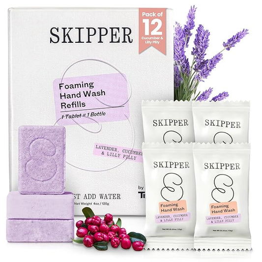 Tirtyl Skipper Foaming Hand Soap Tablet Refills - 12 Pack - 96 fl oz total (12x 8 fl oz) - Rebranded - Compostable Packaging - Lavender, Cucumber & Lilly Pilly