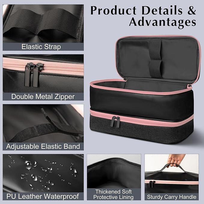 Travel Carrying Case for Shark Flex Style, Double Layer Hair Dryer Accessories Tools Storage Case, Waterproof PU Leather Organizer Bag for Shark Flexstyle/Dyson Airwrap Styler and Attachments (Black)