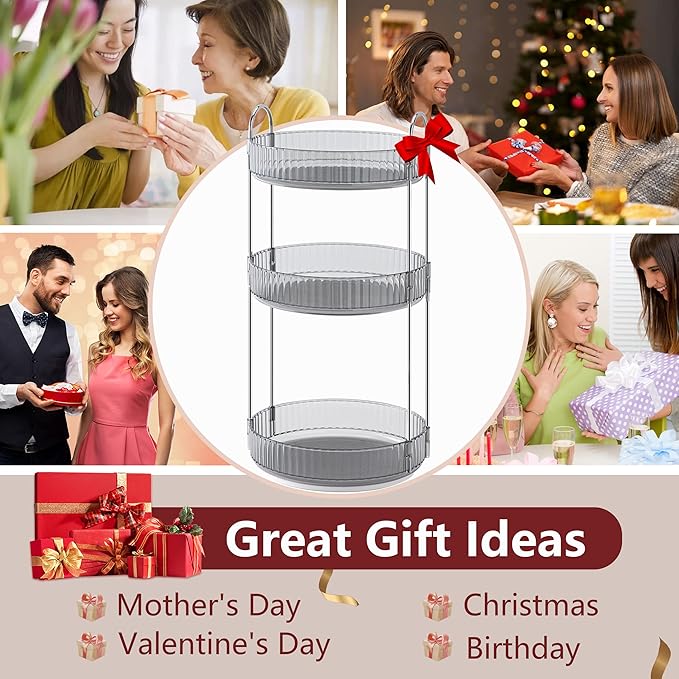 360° Rotating Makeup Organizer, Bathroom Make Up Spinning Holder Rack, Large Capacity Cosmetics Storage Vanity Shelf Countertop, Fits Cosmetics, Perfume, Skincare, Lipsticks(3 Tiers, Gray)