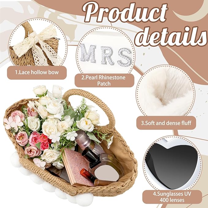 4 Pcs Bridal Shower Gift Set Include Handwoven Wedding Straw Purse Makeup Cosmetic Tote Bag Beach Bride Sunglasses Cross Band Women Slippers for Bridal Shower Bachelorette Party(Mrs)