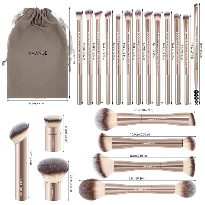 MAANGE 20 PCS Foundation Makeup Brush Set, Double-ended Kabuki Contour Brush for Liquid Powder Concealer Blending Blush Face Makeup Tools (Gold)