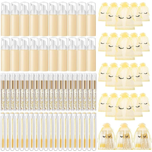 Zhehao 80 Pcs Lash Shampoo Bottle Brushes Kit 20 Foam Pump Dispensers 20 Lash Shampoo Brushes 20 Eyelash Aftercare Bag 20 Cleaning Pipes, Eyelash Extension Supplies(Gold)