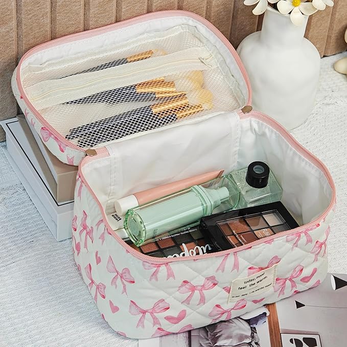 3Pcs Quilted Makeup Bag, Cute Floral Cotton Cosmetic Bag set, Coquette Bow Makeup Pouch Large Travel Toiletry Bag