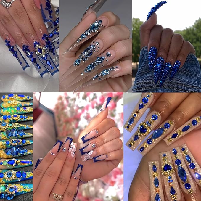 12 Types of Blue 600 Diamonds + 2500 Flat Rhinestones Mix 20 Styles Flatback DIY Crafts Rhinestone Crystals 3D Decorations Flat Back Stones Set +Tweezers + Drill Pen