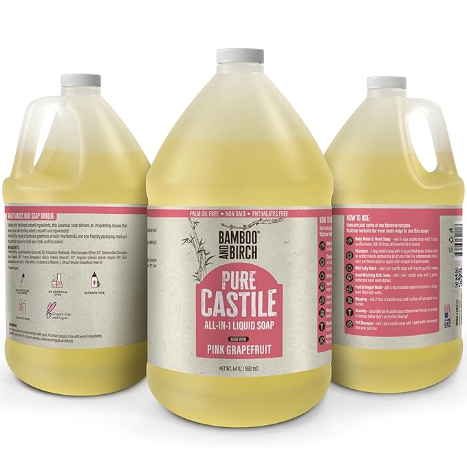 Pure Castile Soap Liquid Organic, Certified Palm Oil Free Natural Soap, Citrus Grapefruit, 64 oz