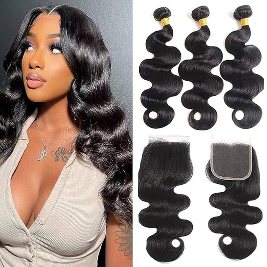 12A Body Wave Human Hair Bundles with Closure (14 16 18+12,Free Part) Closure with 3 Bundles Brazilian Virgin Hair Extensions with Pre Plucked with Baby Hair 5X5 HD Lace Closure Natural Black Color