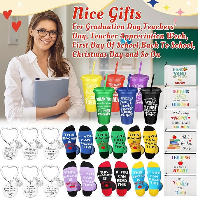 24 Pcs Teacher Appreciation Gift from Students 2025 Teachers' Day Thank You Gifts Bulk 24 oz Plastic Tumbler Cup Makeup Cosmetic Bag with Zipper Crew Sock Keychain for Retirement(Vibrant)