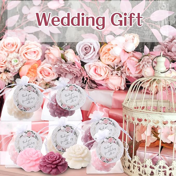 Demissle 24 Set Flower Mini Soaps for Guests Flower Soap Wedding Handmade Gift Favors Fancy Decorative with Thank You Tags for Wedding Bridal Guest Gift Party Favor(Rose)