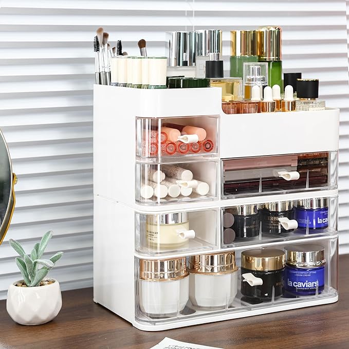 White Makeup Organizer With 6 Drawers,2 Pack Stackable Plastic Cosmetic Storage Organizer for Dresser and Vanity,Ideal for Beauty,Perfume,Brushes,Skincare Bathroom Organizers and Storage Counter