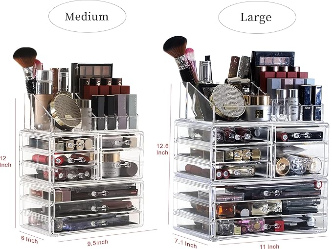 Cq Acrylic 3 Pack Clear Make Up Organizers - Stackable 8 Drawer Organizer for Vanity, Desk, Jewelry, Beauty & Skincare Products