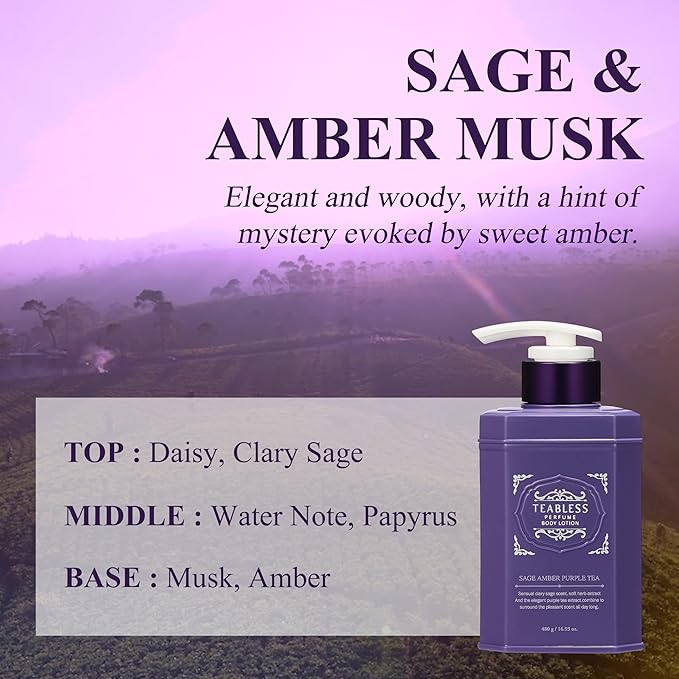 Sage Amber Purple Tea Perfumed Body Lotion, Daily Moisturizer, Body Lotion For Dry Skin & Sensitive Skin, Non-Greasy, Slow Aging, Floral Woody Scent, Korean Skin Care