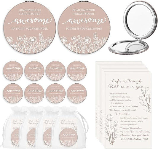 12 Set Mother's Day Wildflower Inspirational Gifts for Women Bulk Motivational Compact Mirror Makeup Purse Double Sided Folding Mirror Inspirational Gift Cards with Bag for Women