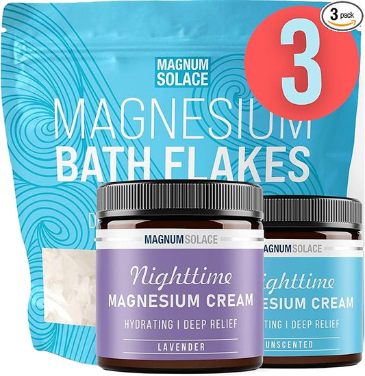 2 x Nighttime Magnesium Cream (Lavender, Unscented) & Large 10 LBS Bath Flakes: 3 Item Bundle