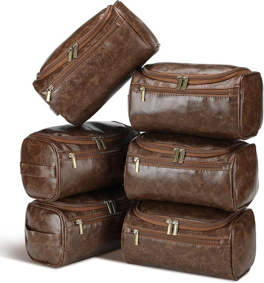 Aliceset 6 Pcs Groomsmen Gift Groomsmen Toiletry Bags Set of 6 Leather Toiletry Bag for Men with Hook Leather Wedding Proposal Bag with Side Handle Father Gift(Dark Brown)