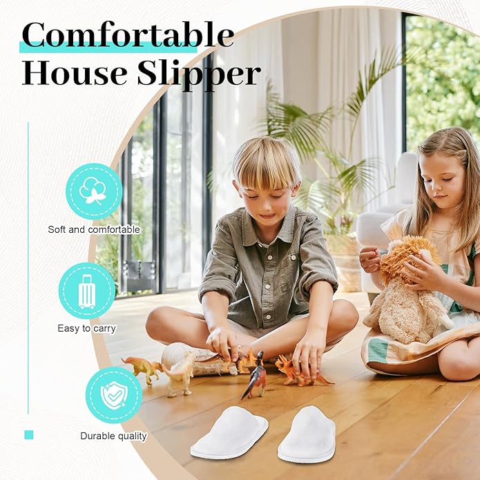 12 Pairs Kids Disposable Slippers for Guests Closed Toe Non Slip Spa Slippers Bulk Soft House Slippers Winter Warm Flip Flops for Boys Girls Travel Hotel Party Indoor Outdoor