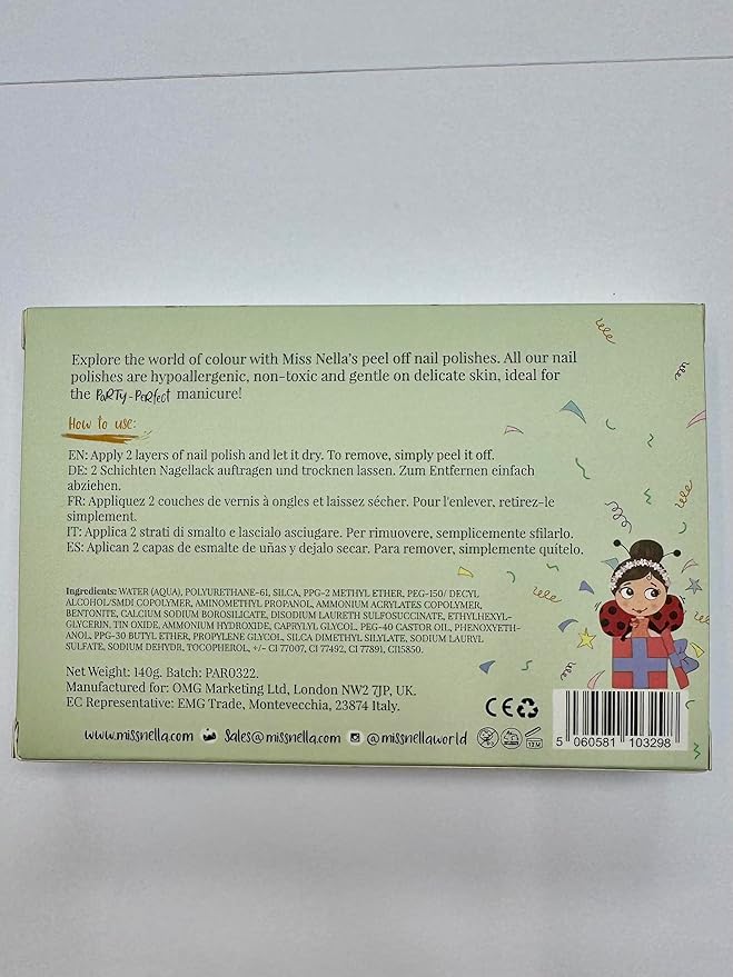 Miss Nella PARTY COLLECTION Glitter Nail Polish for kids, set of 4: black, clear, blue & coral Peel-off varnish for toddlers