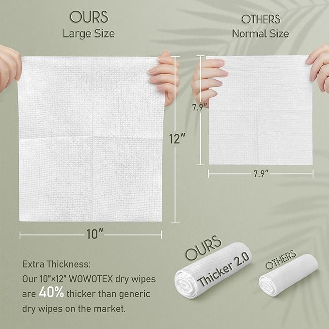 THICKER Dry Wipes 50 Count Disposable Face Towels 10x12" | Ultra Soft for Sensitive Skin & Babies, Travel, Makeup Removal