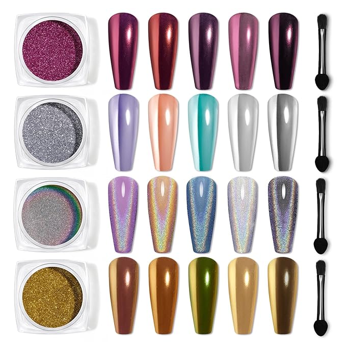 Beetles Chrome Nail Art Glitter 4 Colors 0.5g/Jar, 4 Jars 3 Colors Gold Silver Pink Metallic Mirror Effect Pigment & 1 Holographic Chrome Powder Diy Nail Art Manicure Gifts for Women Girls