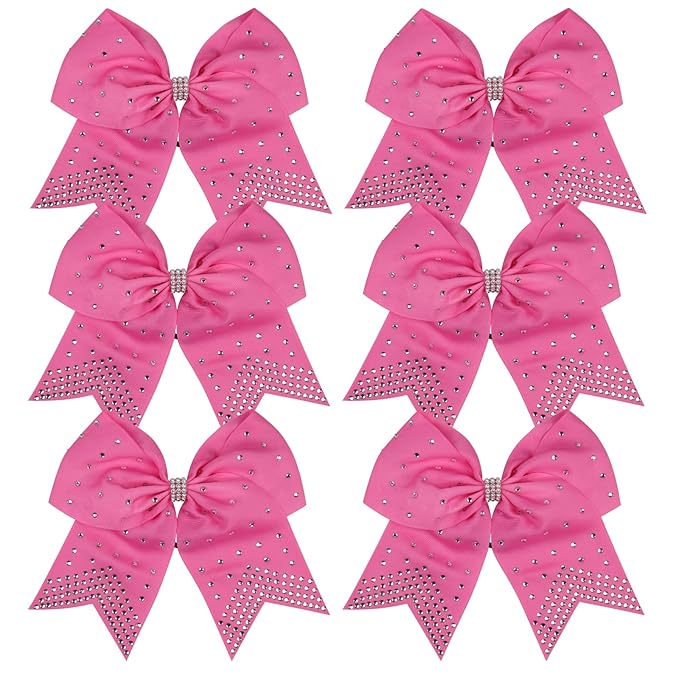 8 Inch Cheerleader Bows Ponytail Holder with Bling Fling Rhinestones Hair Tie Cheerleading Bows 6 Pcs (Hot Pink)