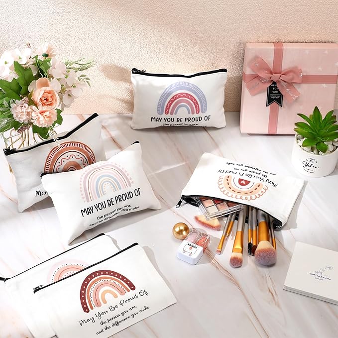 Sweetude 50 Pcs Rainbow Canvas Makeup Bags Inspirational Quotes Canvas Cosmetic Bag with Zipper Canvas Makeup Pouch Thank You Appreciation Gift for Women Teacher Christmas Favors(9.1 x 6.7 Inch)