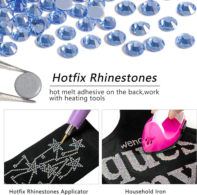 Beadsland Hotfix Rhinestones Bulk, 14400PCS Crystal Hot Fix Rhinestones for Crafts Clothes DIY Decoration, Light Sapphire, SS10, 2.7-2.9mm