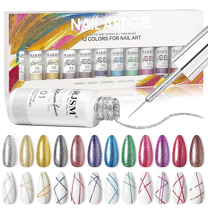 Painted Gel Nail Polish Set, Nail Art Gel Metallic Liner Painting Polish Set UV LED Gel 12 Colors Platinum Liner Gel Champagne Glitter Silver Rosa Gold Green Blue Purple Gel Paint for Nail Art Design