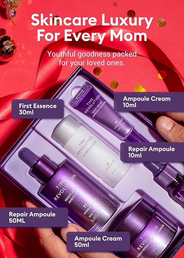 MISSHA Time Revolution Night Repair 5X Gift Set Night Repair Ampoule and Cream 5X, The First Essence 5X for Youthful, Glowing Skin, Mother's Day Gifts