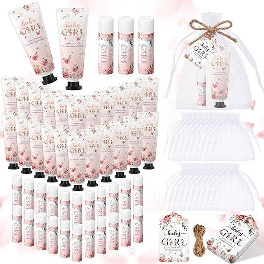 192 Pcs Baby Shower Gifts for Guests Prizes Include 48 Hand Cream and 48 Lip Balm Bulk Bridal Wedding Party Gifts Favor Travel Hand Lotion with Organza Bags Tags for Guests(Baby Girl)