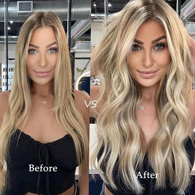 Sew in Hair Extensions Real Human Hair 24 Inch Hand Tied Weft Hair Extensions Human Hair Wefts 120G Ash Blonde Balayage Blonde Hair Extensions Real Human Hair Weave Bundles Sew in Weft Extensions