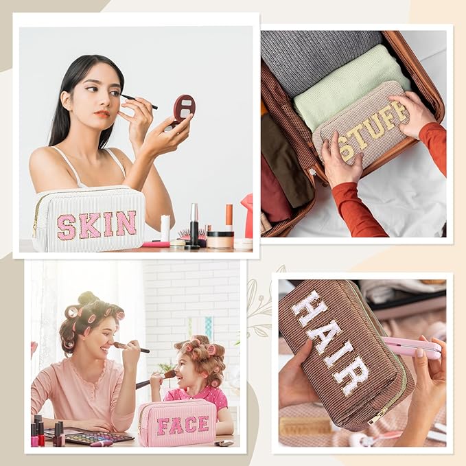 4 Pcs Travel Toiletry Bags for Women Preppy Makeup Bags Organizer Face Skin Hair Stuff Chenille Letter Pouch with Zipper Aesthetic Corduroy Skin care Hair Bag for Women Gifts