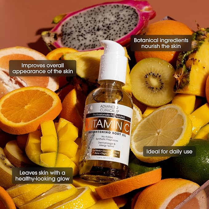 Advanced Clinicals Vitamin C Body Oil Skin Care Moisturizer W/Vitamin E & Turmeric - Nourishing, Brightening, & Hydrating Body Oil To Improve Look Of Dark Spots, Dry Skin, & Stretch Marks, 3.8 Fl Oz