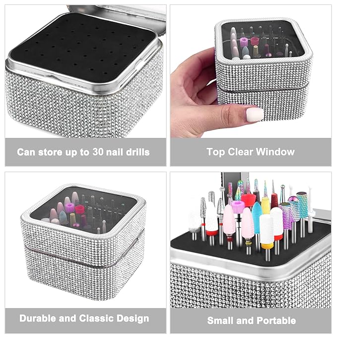 30Pcs Nail Drill Bits Set with Rhinestone Storage Box, 3/32 Inch Ceramic Diamond Carbide Nail Drill Bits for Acrylic Gel Polish, Cuticle Efile Remover for Manicure (Silver)