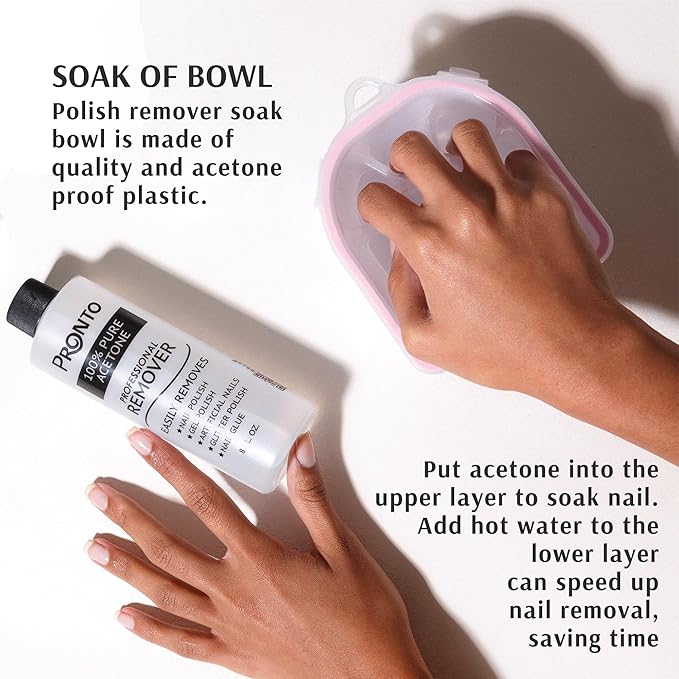 Pronto Gel Nail Polish Remover Kit – 8 Oz Pure Acetone 100 Percent, Nail File, Nail Polish Soak Off Bowl, Cuticle Oil for Nail Care + Manicure Set with Nail Buffer Block, Cuticle Pusher & Nail scraper