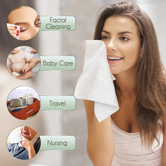 Bamboo Rayon Disposable Face Towel Biodegradable Large Dry Face Wipes 60 Count/1 Box Extra Thick Soft Clean Facial Towels for Sensitive Skin, Makeup Removing, Facial Cleansing, Nursing, Travel