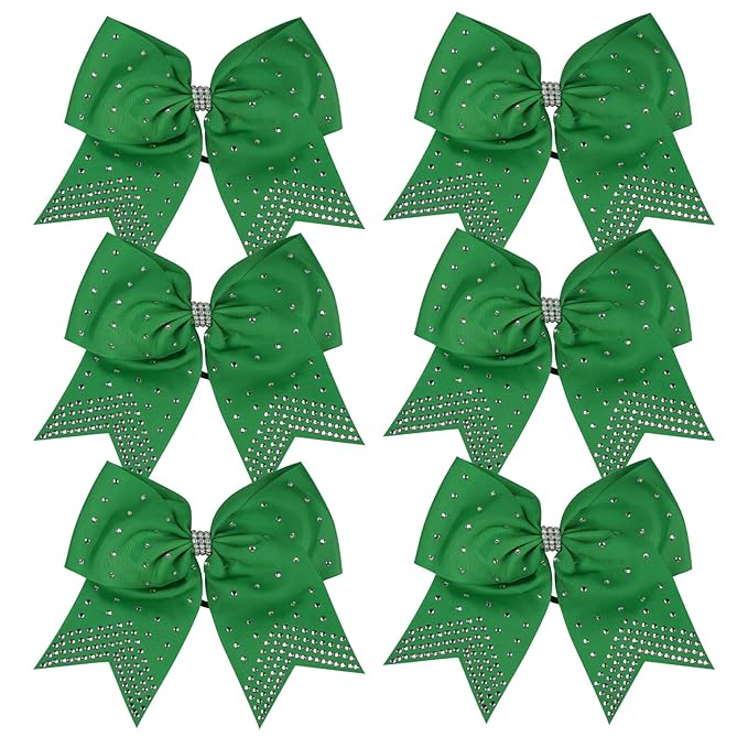 8 Inch Cheerleader Bows Ponytail Holder with Bling Fling Rhinestones Hair Tie Cheerleading Bows 6 Pcs (Green)