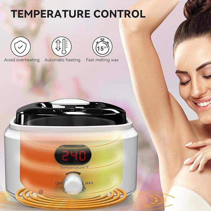 Waxing Kit for Women Men, Digital Wax Kit with Silicone Bowl & 4 Bags Hard Wax Beads, Portable Wax Warmer for Sensitive Skin Full Body Hair Removal, Brazilian Bikini, Eyebrow, Face (White)