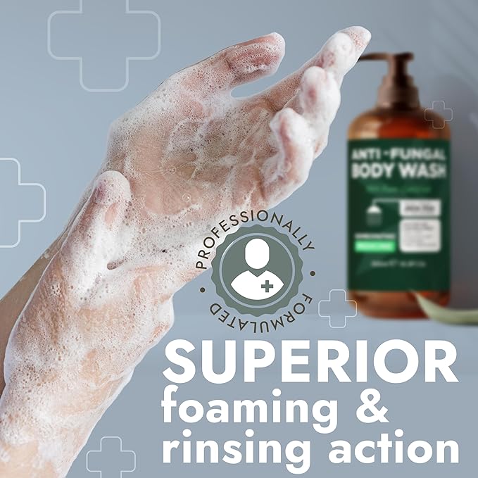 Antifungal Body Wash with Tea Tree Oil | Antibacterial Soap for Back Acne,Treats Ringworm, Eczema & Jock Itch | Antibacterial Body Soap For Men And Women | Includes Silicon Body Scrubber (16.9 oz)