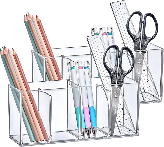 Amazing Abby - Glamour - 2-Pack Acrylic 4-Compartment Makeup Organizer, Transparent Plastic Makeup Brush Holder, Perfect Bathroom Vanity Storage Solution for Makeup Brushes, Eyebrow Pencils, and More