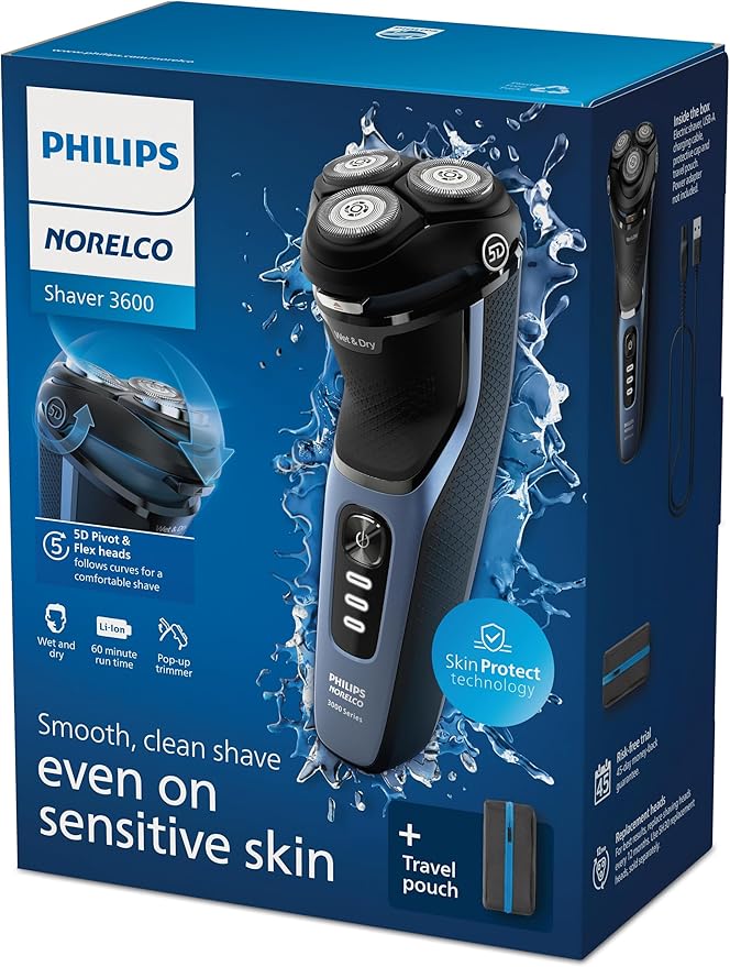 Philips Norelco Shaver 3600 Series, Wet and Dry Electric Shaver, P-Cap, Travel Pouch, Storm Blue, Model S3243/91