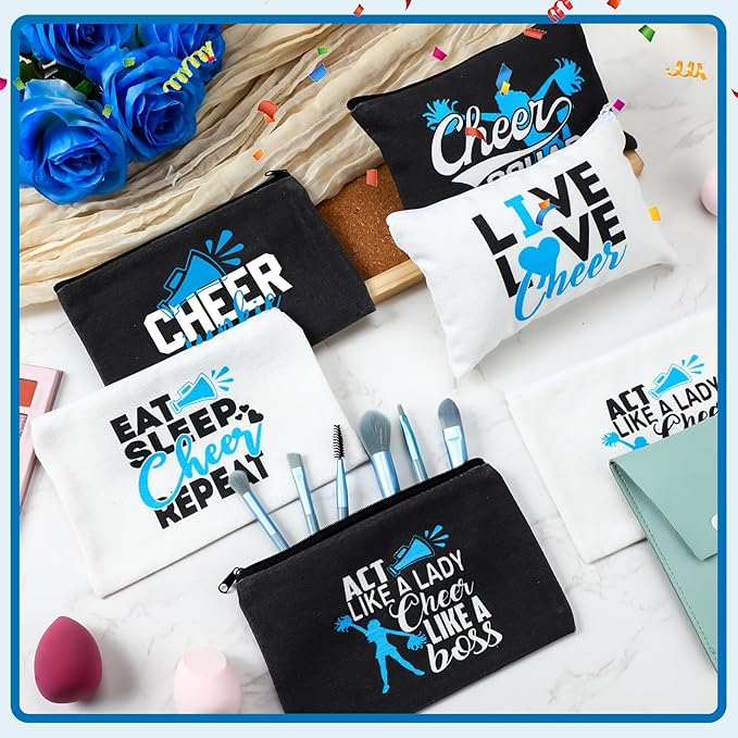 Pinkunn 20 Pcs Cheer Makeup Bags Bulk Cheerleader Gifts for Women Canvas Cheer Cosmetic Pouch Toiletry Zipper Makeup Case Cheerleading Portable Travel Pouch Team Accessories(Blue)