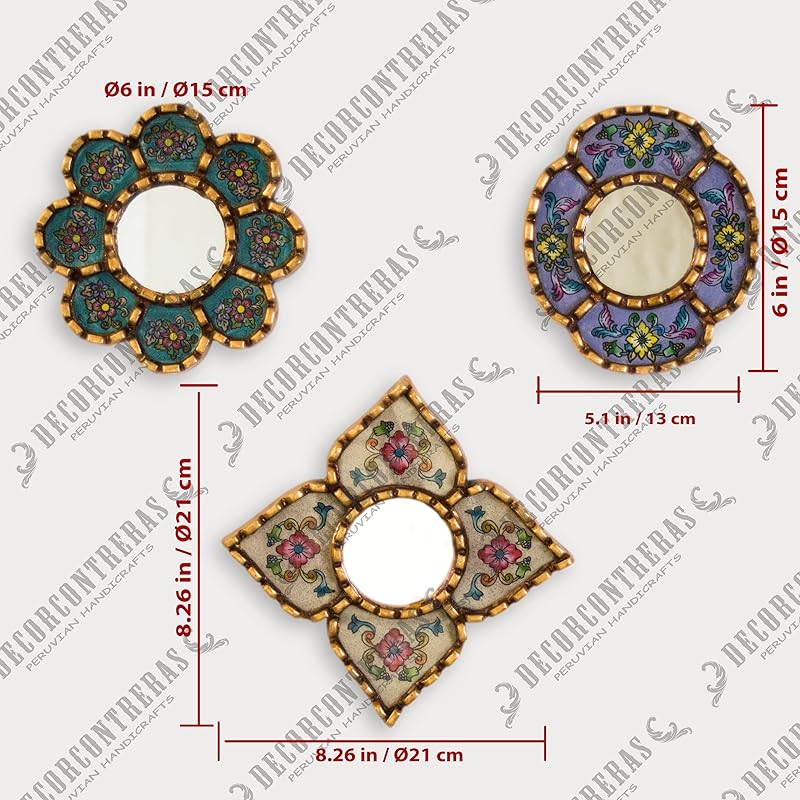 Small Accent Wall Mirror set of 3 - Decorative Vintage mirrors of 6" for wall decor, Peruvian Mirrors Vanity with bronze leaf 'Miraflores'