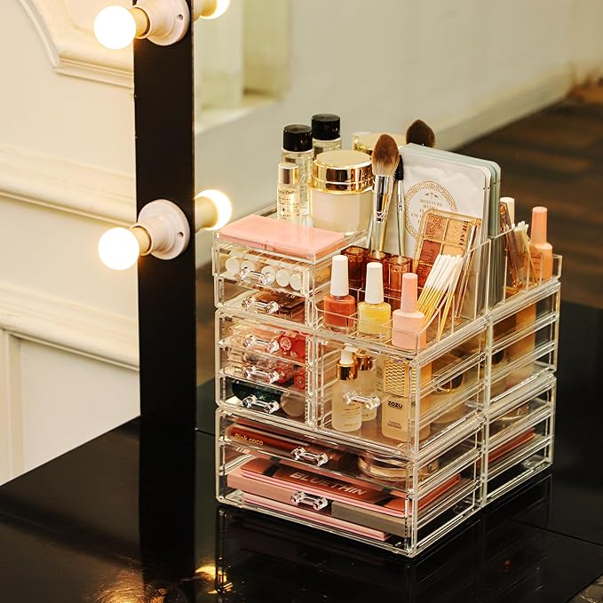 Cq acrylic Clear Makeup Organizer and Storage Stackable Skin Care Cosmetic Display Case with 8 Drawers Make up Stands For Jewelry Hair Accessories Beauty Skincare Product Organizing