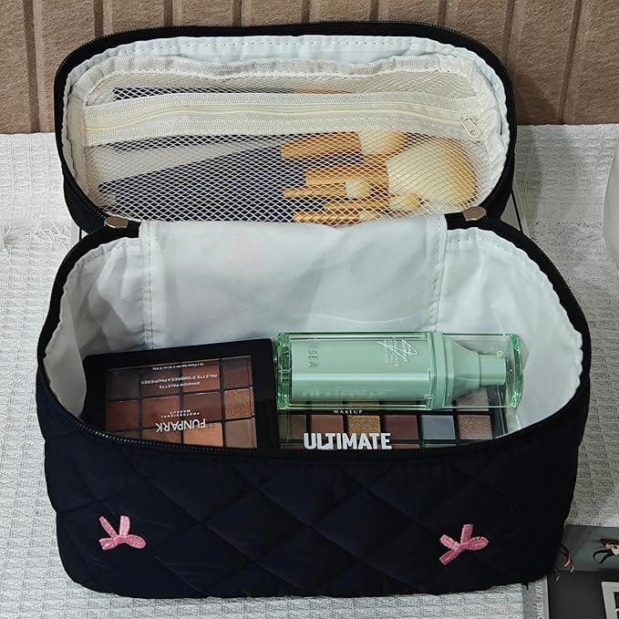 3Pcs Quilted Makeup Bag, Cute Floral Cotton Cosmetic Bag set, Coquette Bow Makeup Pouch Large Travel Toiletry Bag