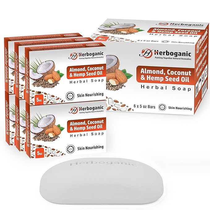 Almond, Coconut and Hemp Seed oil Herbal Soap | Pack of 6 of 5oz soap Bar | Ideal for Men and Women, Soothing and Nourishing Soap for Moisturization