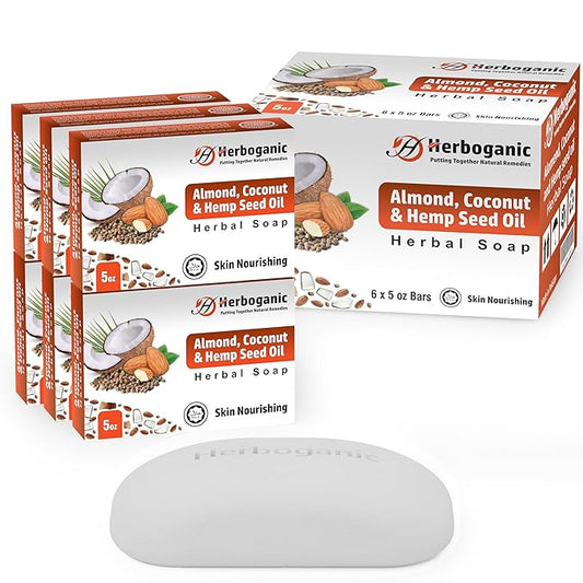 Almond, Coconut and Hemp Seed oil Herbal Soap | Pack of 6 of 5oz soap Bar | Ideal for Men and Women, Soothing and Nourishing Soap for Moisturization