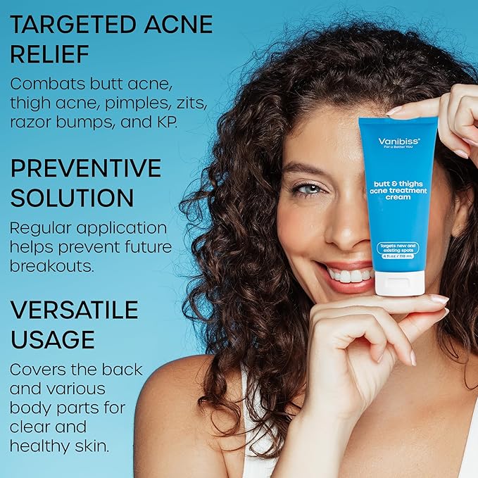 Vanibiss Butt & Thighs Acne Treatment Cream - Reduce Bum Acne, Pimples & Zits - Clearing Acne Lotion for Buttocks - 2% Salicylic Acid for Acne Prone Skin (4oz)